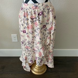 Fourteenth Place || floral pull on high low ruffled midi skirt
